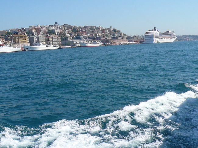 たくさんの船がとまっている中に、豪華客船が！