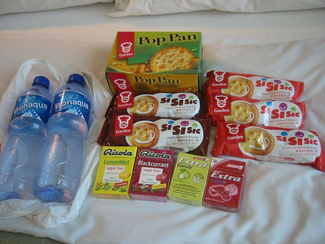 香港でのミネラルウォーターはこのBonaqueが好きです。gardenのsisisicというサンドクッキーはなんと6枚入りが6個でHKD11なのにすごく美味しい。しつこくない味で軽くてフレーバーの味もしっかりしている。ピーナツ味とチョコ味を買いました。ちなみに6枚で250kcalです。下段のRicola（スイスの飴）は日本でもよく見かけますね。私の近所では270円で売られていますがHKD13くらいです。