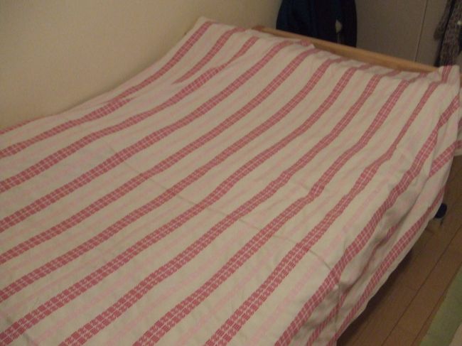 これがその布。テーブルクロスだけど、ベットカバーに。おそろいのランチョンマットもあったので、枕カバーにと購入。まだ出来てないけど。。。