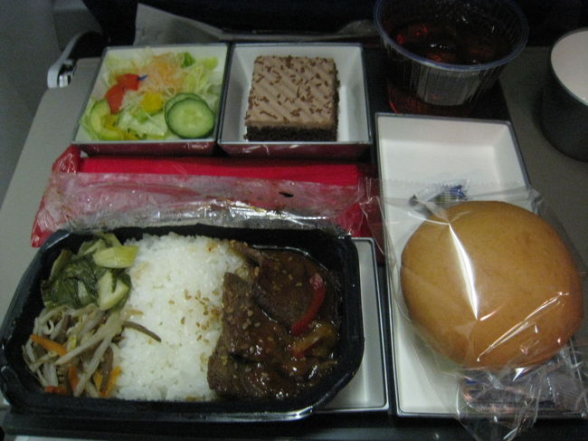 機内食です。<br />ビーフとチキンから選べました。<br /><br />左側の夜景が…ってよくわからなかった！<br />台湾上空を通過し、5時間ほどで香港に到着！<br />なかなか、快適なフライトでした。