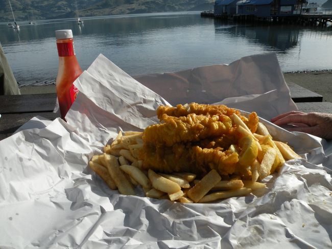 しばらく散歩した後は、ランチ。<br />フィッシュ＆チップスを食べました。<br /><br />NZではとてもメジャーなこの食べ物。<br />多分イギリスから入ってきたものだと。<br />見たまま、白身魚とポテトのフライです。<br />家から持参したケッチャップをかけて食べました。<br />昔はなんともなかったのですが、<br />とても油っこいのでたくさん食べれず。<br /><br />