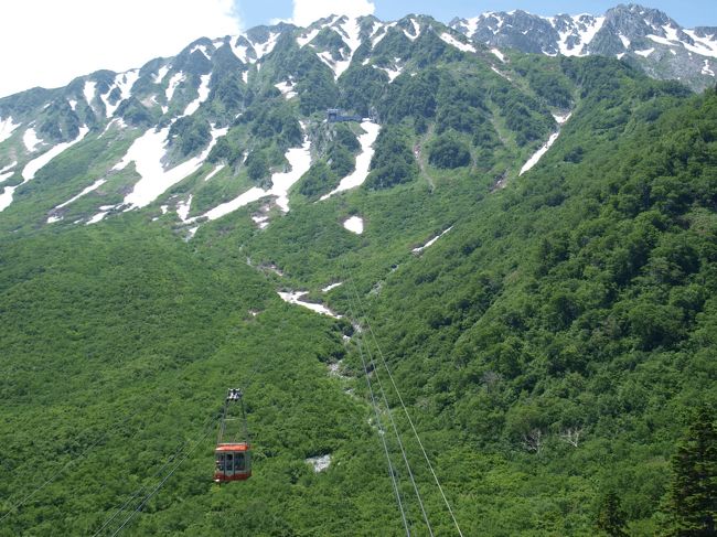 これから乗るロープウェイ。立山には雪がかかっています。