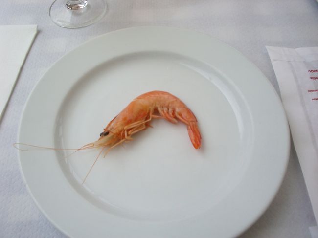 前菜にえびが皿にこんもりと出てきました。<br />他の人は、たこの人もいれば、貝の人も。<br />人によって前菜が違うみたいです。<br />おもしろい！<br /><br />おいしいです。<br /><br />