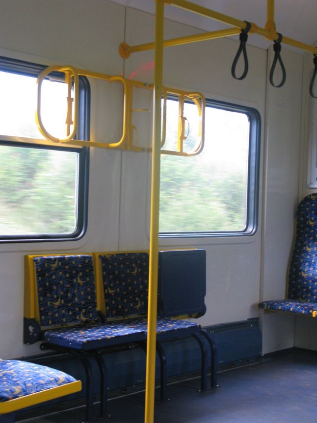 ドア付近はロングシート風だが，上の黄色い金具は何のためだろう．掴まるだけとはしては少しごたいそう．吊皮も別にある．