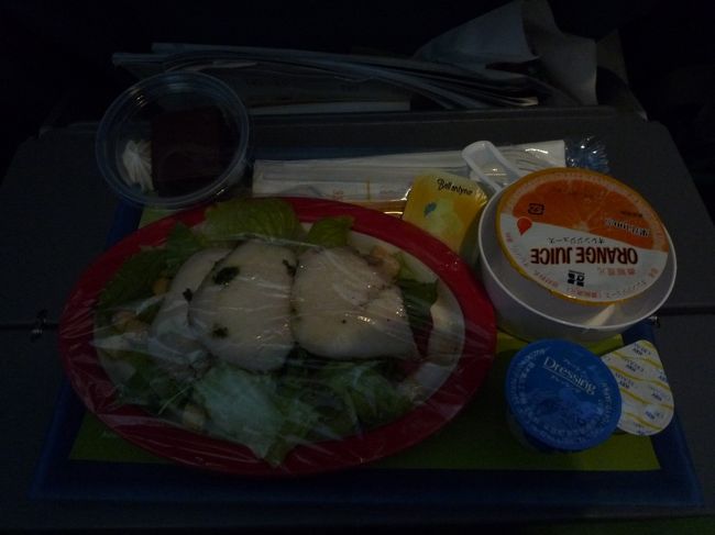 軽食（確か、おにぎり）が出て、到着前のお食事。<br />こちらは簡単なサラダでした。