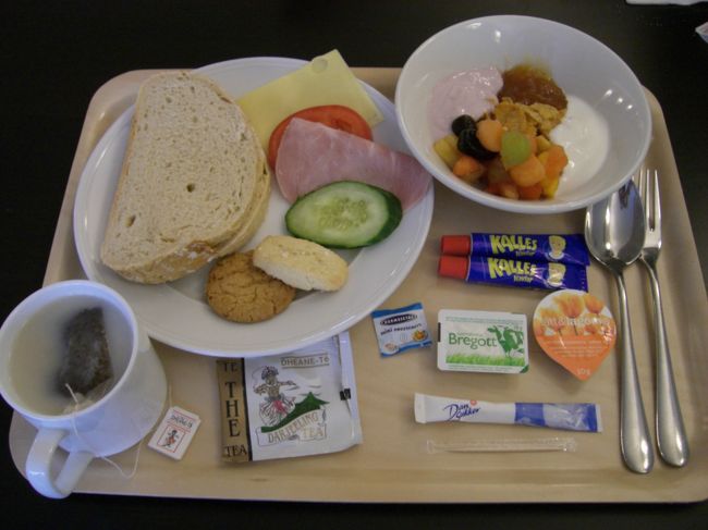 普段は朝ごはんなしの人なんですが、<br />旅行に来て、しかもブッフェとかだと、<br />ついつい取り過ぎてしまいます。<br /><br />ヨーグルト手前の青いチューブは<br />たらこペーストのチューブです。<br />ちょっとショッパイので、<br />うっす〜く、クラッカーのようなパンに塗って<br />いただきました。<br /><br />韓国のコチジャン。<br />オーストラリアのベジマイト。<br />スウェーデンのたらこペーストってとこ？？