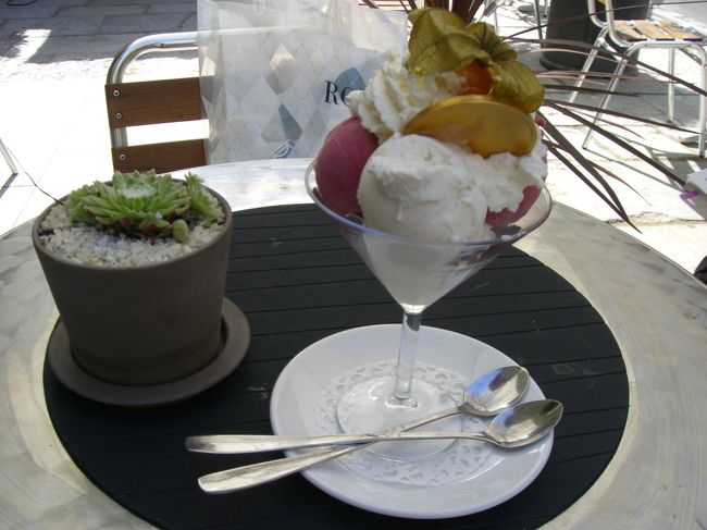 ノーベル賞で出されるらしい、アイスクリーム。<br />バニラとラズベリーのアイスに<br />ホイップクリームと、ほおづき、<br />それからさっき市庁舎で売っていたのと同じ、<br />ノーベル賞のメダルチョコ