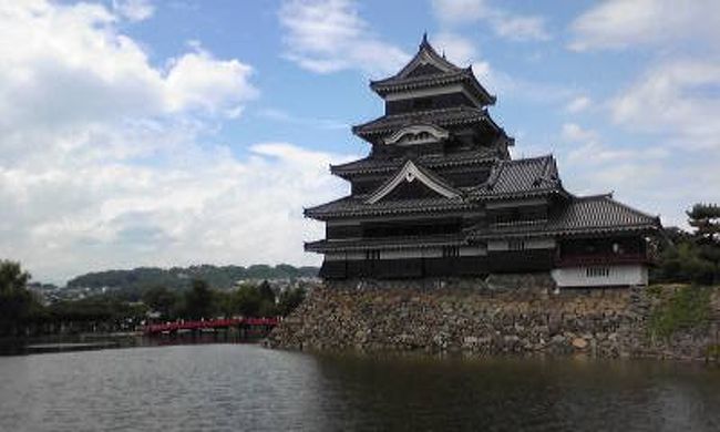 【松本城】<br />天守閣の右側にある櫓は平和な時代になって造られた優雅な辰巳附櫓と月見櫓。<br /><br />辰巳附櫓は天守の南東にあり、隣の月見櫓と一緒に寛永年代に造られた建物です。<br />一階は武者窓、二階は花頭窓。花頭窓の内側には引分板戸があり、雨水を流す工夫がなされています。<br /><br />月見櫓は月見をするための櫓。北・東・南の舞良戸（まいらど）を外すと三方がふきぬけになります。<br />周りにめぐらされた朱塗りの回縁や船底形をした天井は天守・渡櫓・乾小天守には見られない開放的な造りです。