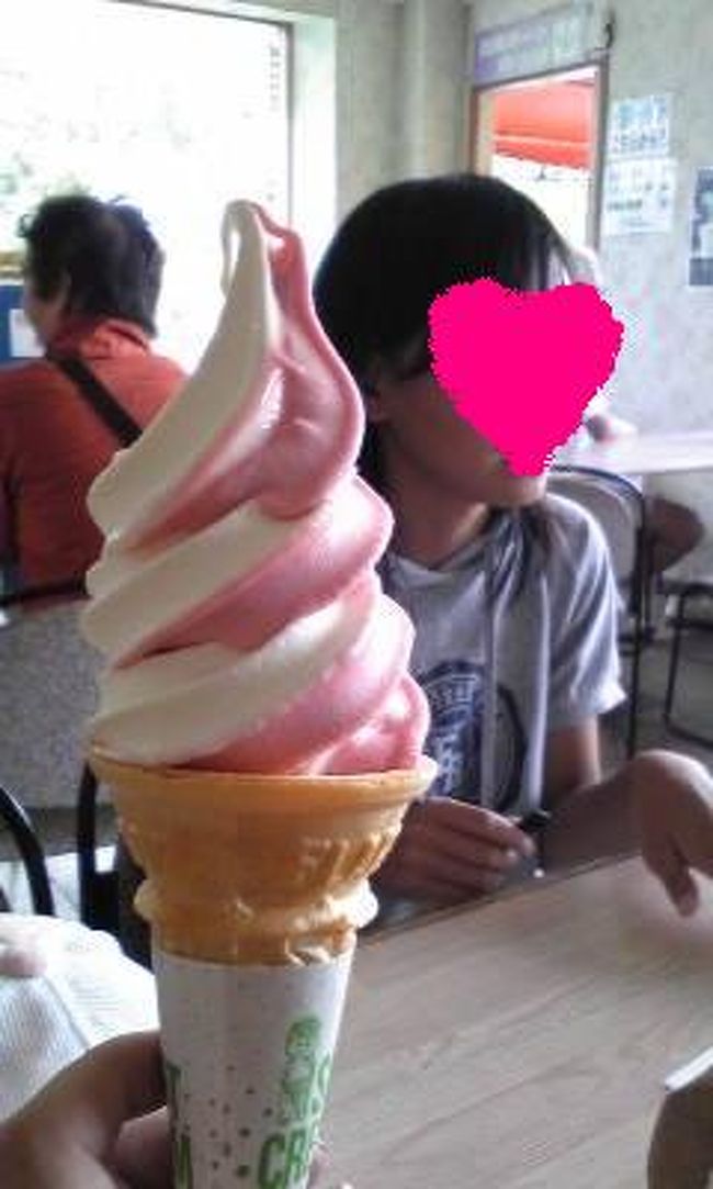 【白樺リゾートファミリーランド】<br /><br />パターゴルフが終わって一休み。<br />ソフトクリームを食べながらスコアの集計をしました。<br /><br />ソフトクリームはイチゴのミックスです♪