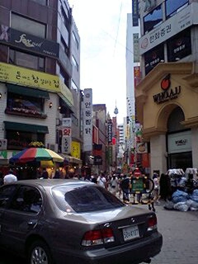 明洞から、ソウルタワーが見えたので撮ったつもりが、小さくて見えない。<br /><br />ここで今流行のBBクリーム購入、ロッテ百貨店のデパ地下で韓国のり、お茶を買う。<br /><br />後娘にTシャツ、ヨン様キーホルダー購入。<br />