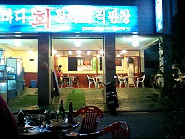 焼き肉店前の海鮮のお店は、２日間閑古鳥でしたので１枚。<br /><br />ガイドさんが骨付きｶﾙﾋﾞｰを、韓国人はいつも食べていると思っているかもしれませんが、値段も高く、誕生日等お祝いの時しか食べませんと話しておりました。<br /><br />そういえば、周りの韓国人の方は、豚肉やチゲ鍋等が殆どでした。<br />