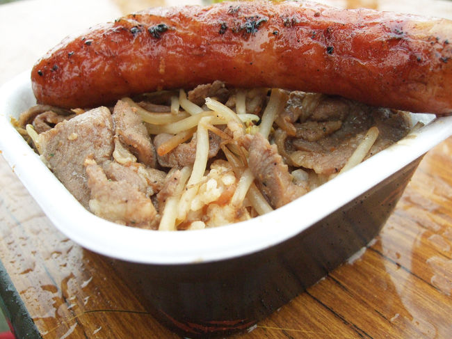 さらにさらに、麺や雅の『ジンギスカン丼』(￥550)。<br /><br />ジンギスカンは臭みもなく柔らかかったけど、<br /><br />もうちょっとお肉があってもいいかな、と…。<br /><br />お気に入り度：★★★<br /><br />そして写真でその上に乗っているのが、<br /><br />『黄金豚炭火焼き チーズソーセージ』(￥300)。<br /><br />これは美味いっ！<br /><br />チーズの風味とソーセージのジューシーさが、<br /><br />口の中でとろけます。<br /><br />今回のフェスの、個人的なナンバーワンです！<br /><br />お気に入り度：★★★★★（チーズ）<br /><br />ちなみに翌日はプレーン味も買ってみましたが、<br /><br />こっちはけっこうふつーでした。<br /><br />お気に入り度：★★★（プレーン）