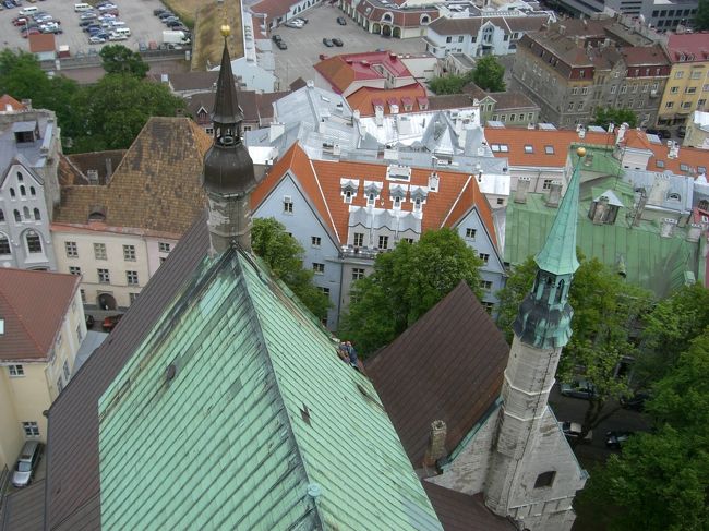 こんな高い所で、<br />こんな急な聖オレフ教会の屋根修理中・・・。