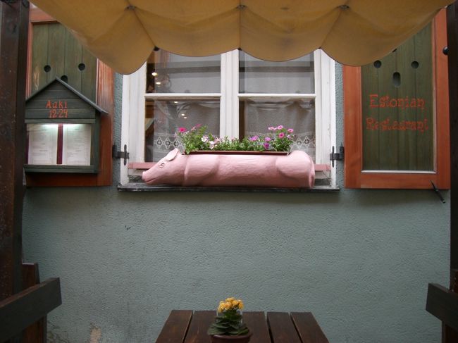 チキンとかを食べたけど、<br />本当は豚料理がメインみたいで、<br />マグカップだけじゃなくて、<br />店の外の花壇もブタさん☆