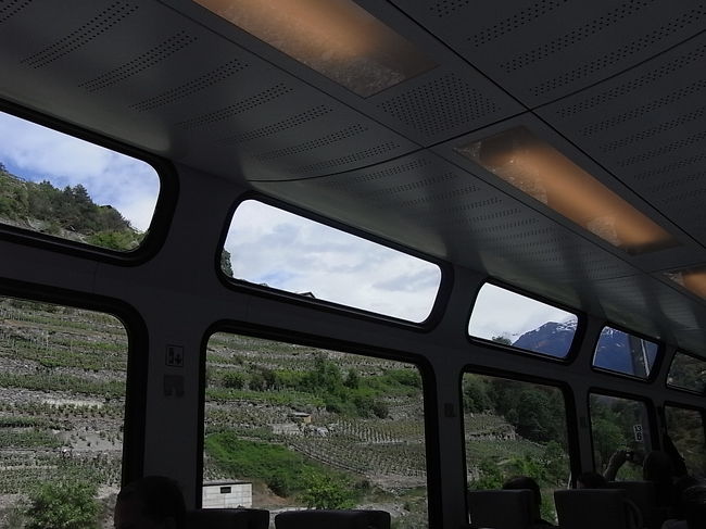 窓の上に小窓がある。<br />見えるのは<br />山の上の方までブドウ畑。