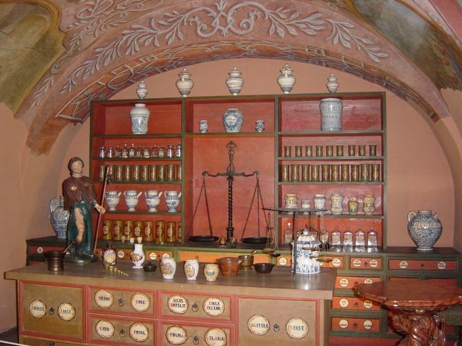 王宮にある金の鷲薬局博物館。昔は化学関係の実験室でそれが薬局になり、第一次世界大戦以降は博物館になった。薬学出身者なら誰でも習う”有機化学、生薬学、分析化学”というクラシカルな印象が残っている。