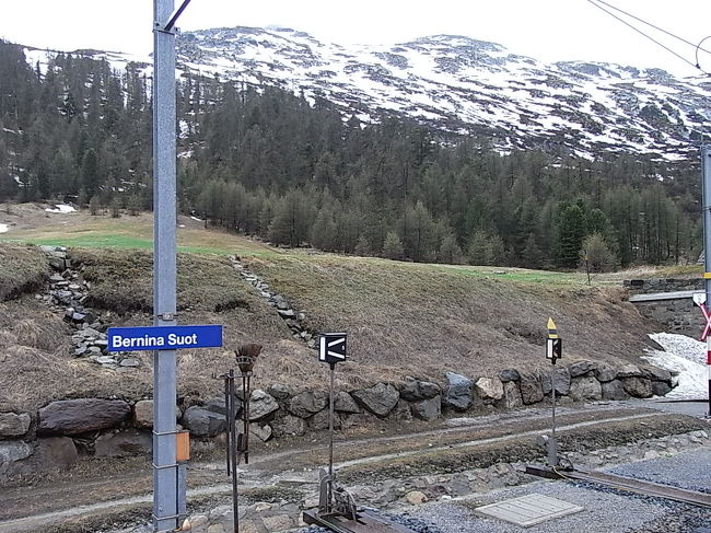 Bernina Suot駅<br />黒くて四角いのは信号機。<br />列車は山岳地帯に入って来た。
