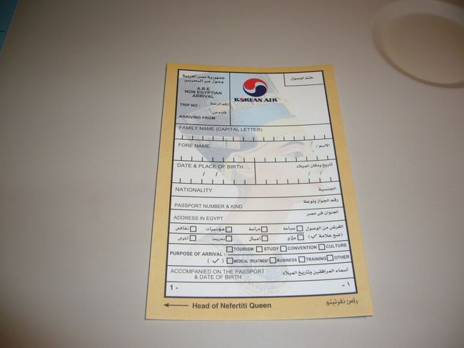 エジプト入国カードです。<br />透かし模様からエジプトっぽくて素敵。<br />記念に1枚もらってきちゃいました♪<br /><br />到着→入国→両替→ホテル(ギザ泊)で<br />結局寝たのは0時過ぎ。<br />眠くてふらふらだけど、少々の時差ボケ(時差7時間)と<br />4時半のアザーン(お祈りを促す呼びかけ)で<br />早くに目が覚めてしまいました。<br /><br />アザーンとは？<br />http://ja.wikipedia.org/wiki/%E3%82%A2%E3%82%B6%E3%83%BC%E3%83%B3