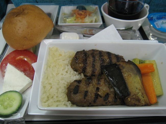 帰りのトルコ航空の機内食。<br />パスタがよかったのに〜。ざんねん。<br />ハンバーグ。オンリーでした。