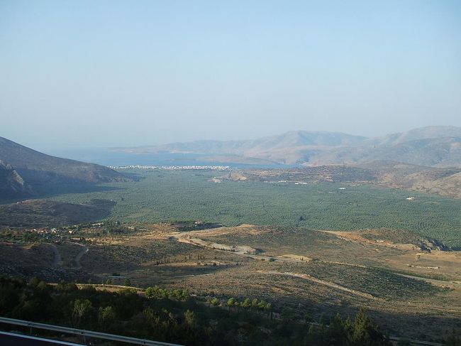 デルフィは古代ギリシャの宗教の中心地として栄え、紀元前６世紀頃に全盛期をむかえる。古代の人々はデルフィを全世界の中心「世界のヘソ」と考えていたという。写真：オリーブの海とコリンティアコス湾