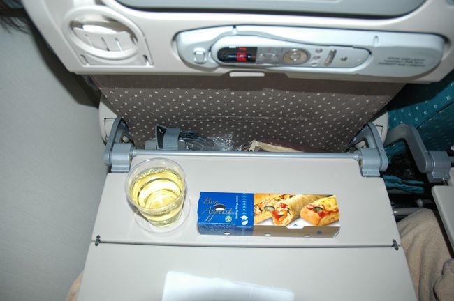 定刻では23：40に出発の予定で、乗客の登場が済んであとは、プッシュバックを待つばかり・・と思ったら機長から「・・管制計器に不具合が見つかりました。出発は翌1時15分の予定です。。。」<br />ありゃありゃ(^_^;)。乗り込む前ならまだしも、もう全員座っちゃってるし、外には出してもらえないんだろうなあ、などと思っていたらいつの間にか寝ていました。そうこうしているうちに、「間もなく出発します」のアナウンス。結局1時間30分の遅れでようやく離陸。<br />水平飛行に移ったら、慌てたように配り始めたのがコレ。お夜食のサンドイッチです。ターキーとツナが選べますが、ツナをセレクト。中はアツアツで美味しかった。