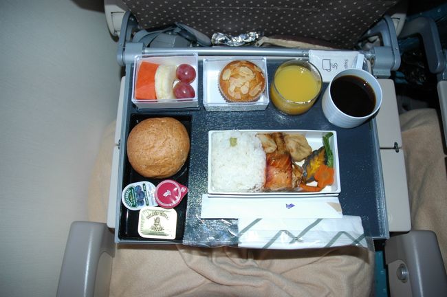 サンドイッチを食べて、ビールを飲んで「インディージョーンズ」を観ながらウトウトしていたら、いつの間にか外は、ぼんやりと明るくなっていました。<br />そして今日のオメザはこちら。<br />シンガポール航空謹製「焼シャケ定食」でございます。<br />アツアツのシャケに、野菜の煮物、これにアブラゲの味噌汁がついていたら、もうイウコトナシですが、なぜかオレンジジュースです(^_^)/<br />でもご飯もおいしいし、ちょっとした温泉旅館の朝食にひけをとりませんぞ。<br />やっぱりＳＱはいいですねえ。