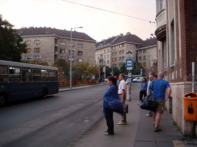 今日は早起きして朝日のあたるブダ側の眺めを見ようと５時半に部屋を出る。川沿いの電車で鎖橋まで来ても、いまいち雲が多くて冴えない。ついでだと思って電車を乗り継いでモスクワ駅からお城バスで王宮まで来てしまった。これがお城バスの専用乗り場。