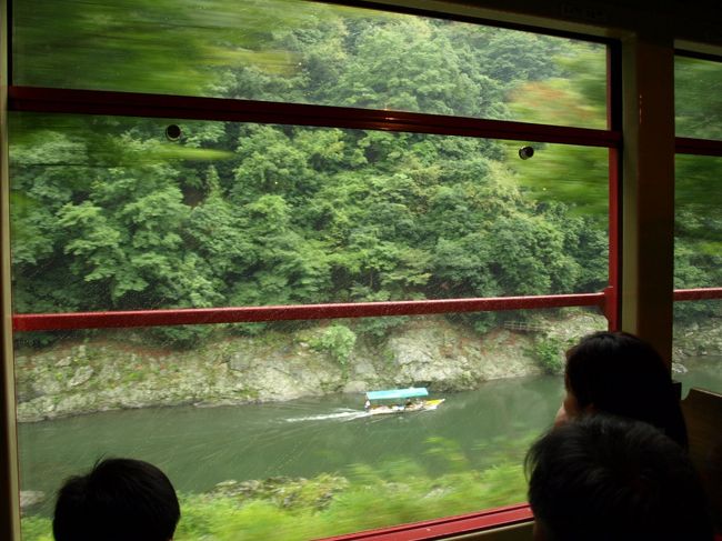 保津川下りの船が見えます。<br />この雨の中では<br />びしょ濡れになりそうです。