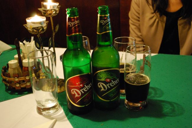 夕ゴハンは、「ARANY PINCE 」でいただきました。<br />ハンガリー的なビール（magyaros sör）を頼むと、dreherはどう？と薦めてもらったので、普通のと黒ビール2本いただきました。<br />地ビールいいね。おいしかった。