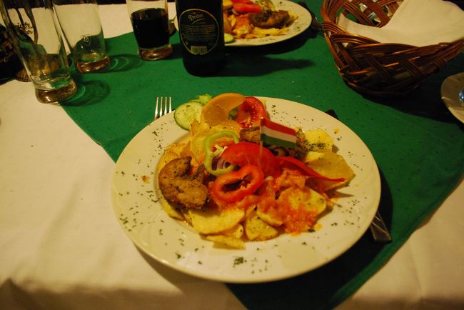 フォアグラのソテーをいただきました。<br />ハンガリーはフォアグラ(LIBAMAY)が驚くほど安く食べることができます！<br />とってもおいしかった！<br />フォアグラに、グヤーシュ、ハンガリービールで満腹！もう天にも昇った気分です。<br />いい1日目でした！