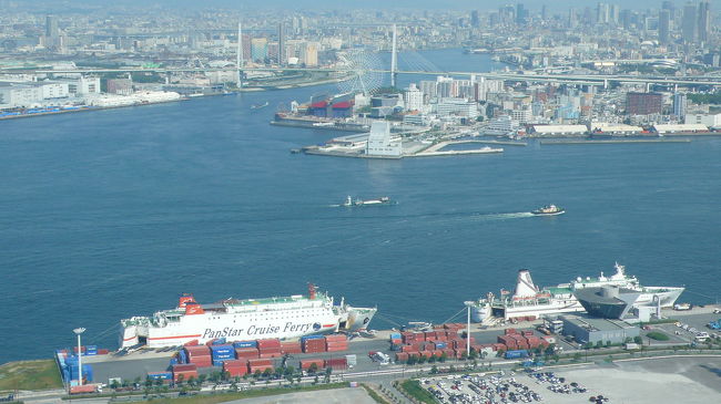 ２隻のフェリーが大阪港国際ターミナルに停泊しています。<br />左側がパンスタードリーム号、右側が上海航路の蘇州号です。<br />向こう側の一部赤い建物が「海遊館」左奥にはユニバーサルスタジオが、かすかに見えています。
