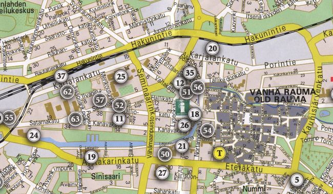 Raumaの地図，35番がバスターミナル，インフォはそう遠くない．Nortamonkatuを降りてきて18番の市庁舎を斜めに入る．