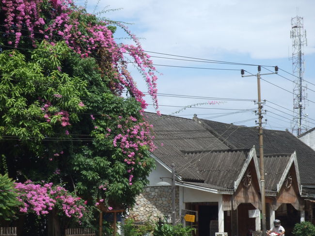 お腹いっぱいになったので、その辺の屋台でまた少し買い物しちゃいました。大き目のバッグとか、ピアスとか、ショールなどなど。その後再び散策に。至る所にお花が咲いててきれいですね〜♪<br />しばらく周辺をサンポしてたら、荷物重いし、暑くてちょっと疲れたので一旦ゲストハウスへ。ゲストハウスで一息ついてから、また身軽になって外に出ました。<br />出る時に、ちょうどお昼ご飯食べに出かけようとしてたガン＆チャンティムに一緒にどう？って誘われたけど、残念ながらもう食べちゃったから、とお断りしました。ゴメンね〜！