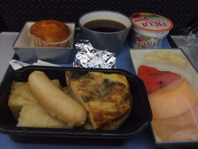 またベンチで夜を明かし、トイレで着替えたり顔洗ったり歯磨いたり（＾∀＾；）。。。<br />4時過ぎくらいだったかな？ようやくチェックイン開始。即チェックインして、免税店で最後のお土産を買って搭乗口へ。<br />無事、帰りの飛行機に乗り込みました〜！<br />機内食は朝ごはん♪エッグorポーク？で私はエッグ。