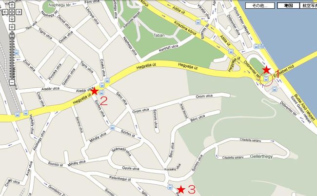 ゲッレールトの丘へ安全に行く方法。<br />8,907,956のバスで★２の「Sánc utca‎」バス停下車。<br />向かい側のバス停「Sánc utca végállomás‎」から27番に乗る。<br />★３の「Búsuló Juhász‎」で降りると上の写真のレストランがあります。<br />そこからは、標識も出ていますので、歩いて５分ほど。少し暗いです。<br />