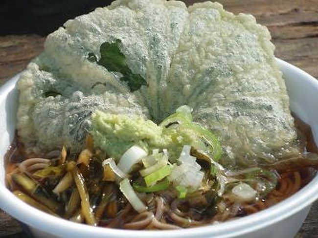 わさび田の奥のほうにある【いわな茶家】で、<br />【わさび蕎麦】食べて見ました♪<br />わさびの葉っぱの天ぷらと、わさびの茎の漬物入り蕎麦です。<br />意外にも、わさびの葉っぱはツーンとしなかったです！！<br />普通の葉っぱみたいなお味・・・<br />茎の漬物が一番ツーンときました。<br />