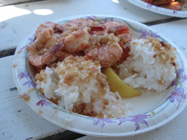 お昼ごはんはシュリンプ・トラックでガーリックシュリンプを。<br /><br />うぉぉぉぉぉぉぉぉぉぉめっちゃうまい。<br /><br />指があとでめっちゃくちゃニンニク臭くなるけどそんなの関係なーい！<br /><br />レモン＆バターもチリシュリンプもうまーーーい！<br /><br />願わくば日本米が欲しい。<br />エビ汁だけでどんぶり３杯いけます。