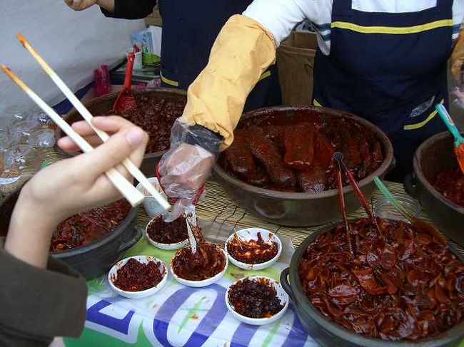 江景（カンギョン）発酵塩辛祭り<br /><br /><br />紙コップにご飯をもらい（無料）、店に行くと適当に塩辛を取ってくれます。<br />塩辛はご飯との相性はさすがに抜群でした。<br />ココ、江景（カンギョン／Ganggyeong）の塩辛は200年にわたって伝えられてきた低温処理という熟成方法を用いており、 新鮮かつおいしい塩辛として周囲の支持を得ているそうです。