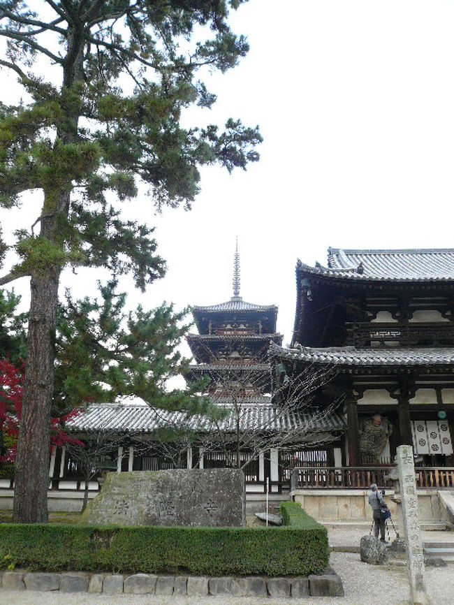 でました!!やっぱり五重塔でしょう！！さりげなく中門もいれてみました。中門は飛鳥時代のモノだそうです。さすが日本最古"奈良"です。