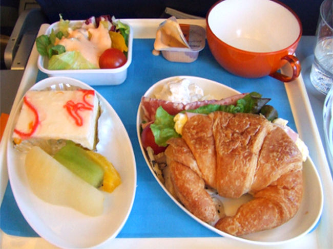 アエロフロートの機内食。<br />昼過ぎに乗って、まずはじめにおやつとして出てきたのがこれ。<br /><br />美人だけど目がわらってない客室乗務員のお姉さんが<br />持ってきてくれました。<br />ポイ！っと投げ捨てるように机におき　サラダに乗ってたレタスがぽろりとこぼれ落ちていきました…<br /><br />味は普通です。