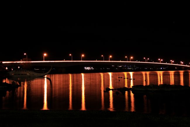 大池公園から見たライトアップした河口湖大橋