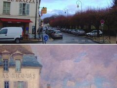 (13) Alfred Sisley　1876　　◎
　「L’inondation a Port-Marly」
　Musse d’Orsay, Paris

【　上：　現　在　の　風　景　】
【　下：　シスレーが描いた風景　】

さらにズームで撮った写真と
シスレーがここの風景を描いた作品
「ポール・マルリーの洪水」。

ここが洪水になっちゃったんですね。

今はル・ブラザ LE BRAZZA　という
キャッフェ兼タバコ屋さんの建物まで
（絵の中では）水がきていました。

雨あがり、雲の間からの青空が見えてきた！