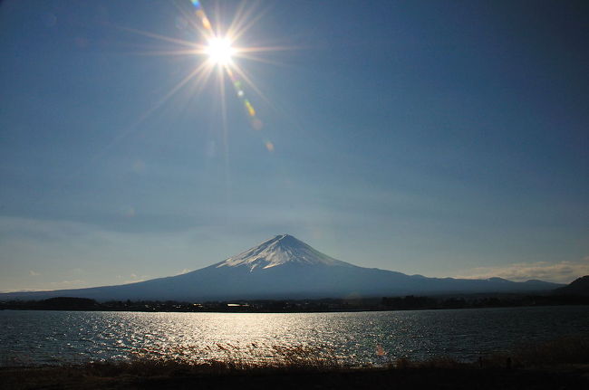 河口湖から見た富士山。この方向から見ると山頂が尖がって見える。11時45分撮影。丁度真北から富士山を望んだ。