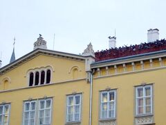 教会のある広場の前に立つ
マリアテレジアイエローの建物の屋根は・・　ハトのたまり場。