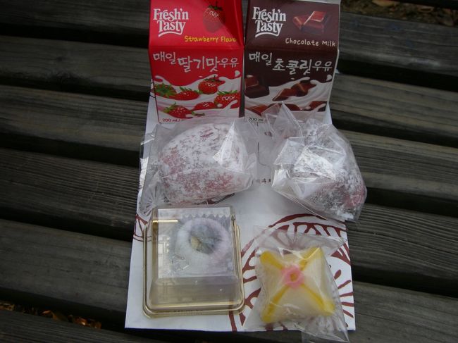 【ヨイド公園】<br />公園に戻って、喉が渇いたので公園の売店イチゴ牛乳とチョコレート牛乳を買い、さっき買ったお餅とで休憩。<br /><br />餅と牛乳。<br />この組み合わせ、微妙です。<br />お餅は、美味しかった！<br /><br />