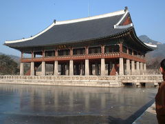 慶会楼は紙幣にも描かれている由緒ある韓国最大の楼閣です。本来は蓮池だそうですが、厚い氷に覆われてました。