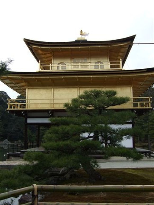 タクシー観光（3時間ｺｰｽ）<br /><br />金閣寺<br /><br />中の様子はみれませんでしたが説明します。<br /><br />金閣の一層は、左に義満公坐像、正面に宝冠釈迦如来像が安置されています。<br /><br />金閣の二層は、中央には岩屋観音坐像が安置され、そのまわりを守護するように四天王像が配置されています。<br /><br />金閣の三層は、禅宗様の仏殿を一層、二層に合うように変形させながらも、禅宗様式から離れないように造られています。