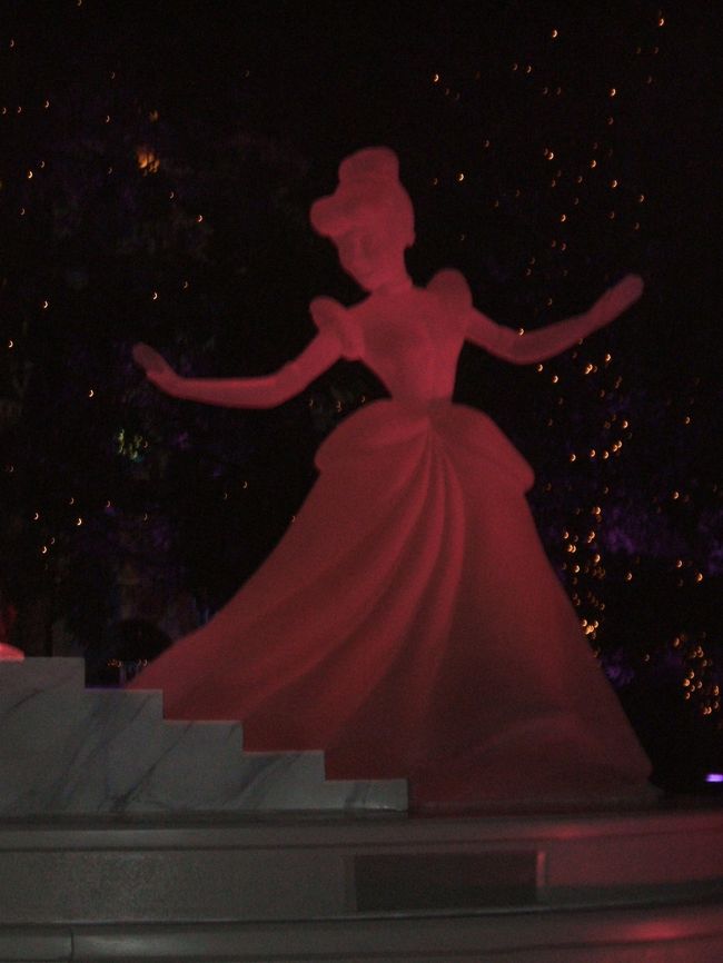 この時期は、ランド中にシンデレラの飾りが沢山あって夜はライトアップされてました。