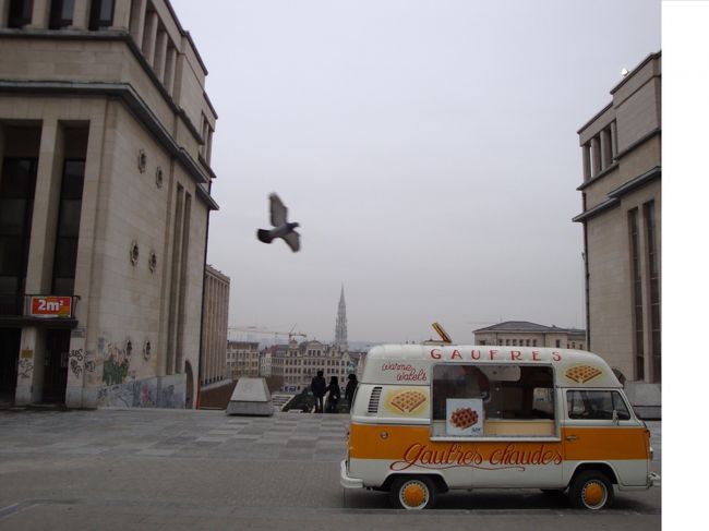 美術館近くから撮った写真。ワゴンはベルギー名物のワッフルを売るお店。私はあとで喫茶店で食べる予定なのでここでの買い食いは自粛。遠くにはブリュッセルの街並みが見えます。
