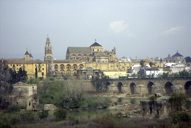 ローマ橋からメスキータ<br /> <br />写真はローマ橋からメスキータを望む。コルドバは紀元前２世紀頃にはローマの支配下で繁栄していた古都である。８世紀の初めに北アフリカからイスラムの進入を受け、１３世紀にキリスト教の再征服を受けるまで、イスラム文化の支配下にあった。メスキータとはモスク（回教寺院）のことで、キリスト教の征服でカテドラル（大聖堂）にしたもので、２つの文化の混合が見られて面白い。ここまではイスラム教、ここからキリスト教と建物を増築したので類をみない面白い造りに成っている。<br />